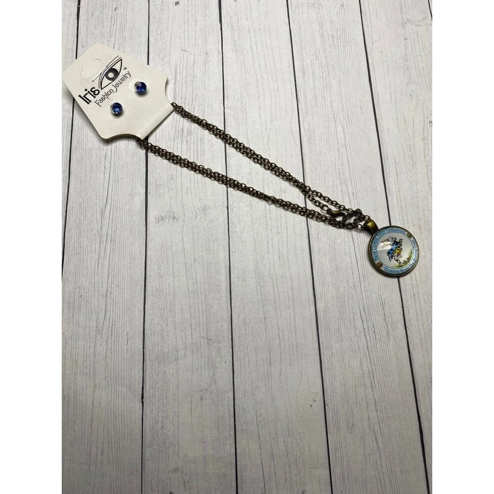 Iris Necklace and Earrings Set Bronze Blue Bunny Pendant Kids Jewelry